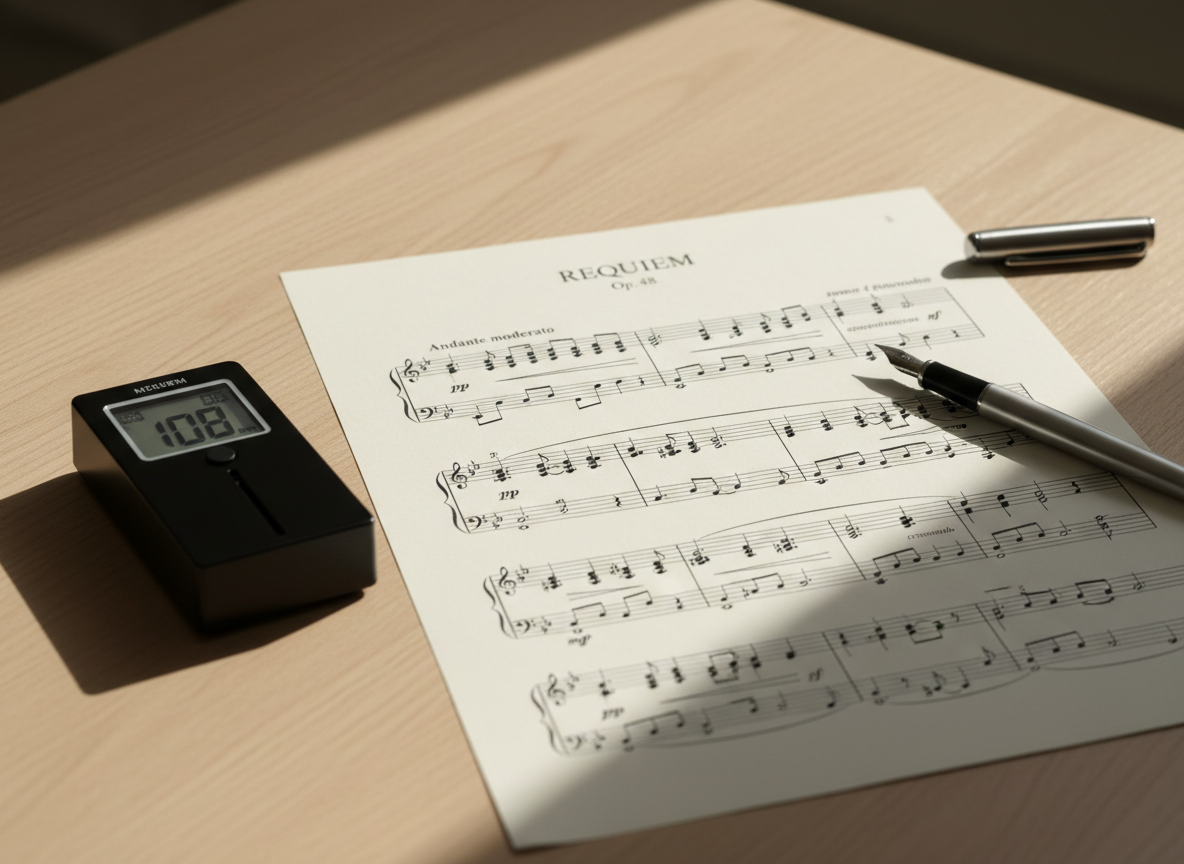 A close-up of finely printed choral sheet music spread across a smooth, light oak rehearsal table, with a modern black metronome and a sleek silver fountain pen resting nearby. The musical notation is crisp and detailed, with tempo markings and dynamic symbols clearly visible. Gentle afternoon natural light filters from a large unseen window, casting delicate shadows of the pen and metronome across the pages. Photographic realism, captured from a slightly elevated angle with a shallow depth of field, keeping the central score in sharp focus while softly blurring the edges, creating a calm, intellectual atmosphere ideal for showcasing the choir’s repertoire and professionalism.