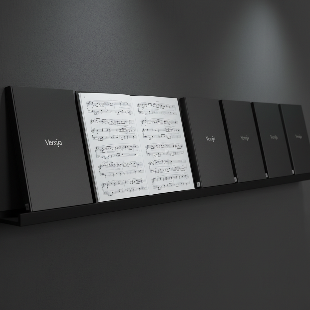 A row of meticulously organized black choral folders, each with a slim silver-embossed “Versija” logo, rests on a narrow, matte black shelf against a textured deep charcoal wall. A single open folder reveals clean, precisely printed sheet music with intricate notation. Cool, diffused studio lighting from above and slightly to the side creates soft highlights on the folder edges and fine shadows in the sheet folds. Photographic realism, minimalist composition with generous negative space and a shallow depth of field, evoking elegance, order, and quiet anticipation for upcoming chamber choir performances.