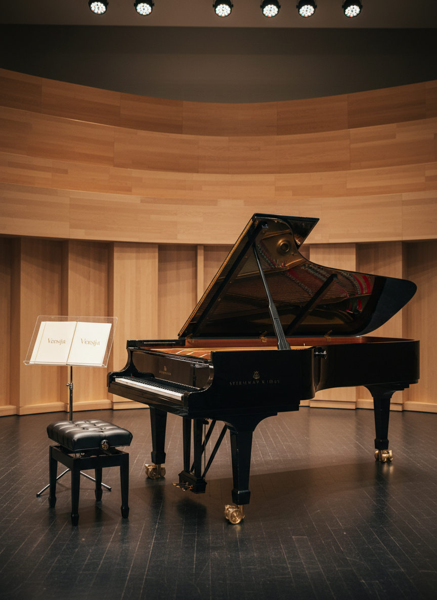 A polished black grand piano with its lid elegantly open, displaying gleaming strings and hammers, stands center stage in a contemporary concert hall. Behind it, tiered wooden acoustic panels form graceful curves, and a minimalist stand holds neatly arranged choral scores embossed with the name “Versija.” Soft, focused stage spotlights cast a gentle, warm glow across the piano’s lacquered surface, creating subtle reflections and long, refined shadows on the dark hardwood floor. Photographic realism, shot from an eye-level, slightly angled perspective with sharp focus throughout, conveying a sophisticated, modern atmosphere suitable for a chamber choir website homepage hero image.