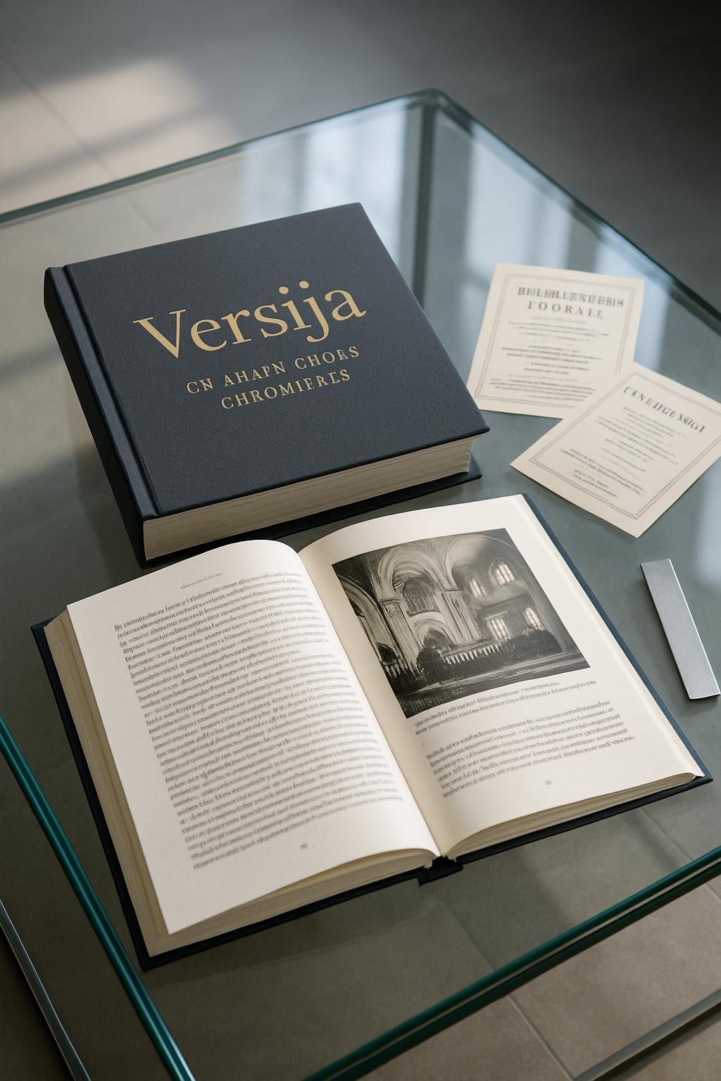A beautifully bound dark gray hardback book titled “Versija: Chamber Choir Chronicles” lies open on a minimalist glass coffee table, revealing archival photographs of performance venues and elegantly typeset historical text. Around it, a few loose archival-style program facsimiles and a slim, brushed metal bookmark complete the arrangement. Cool, indirect morning light streams through an unseen window, reflecting gently off the glass surface and giving the scene a clean, modern feel. Photographic realism, composed from a slightly elevated angle with moderate depth of field, ideal for a website section about the choir’s history and background.